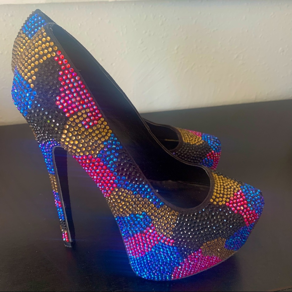 Steve Madden Dyvinal Rhinestone Camo Print Colorblock Platform Heels - 7